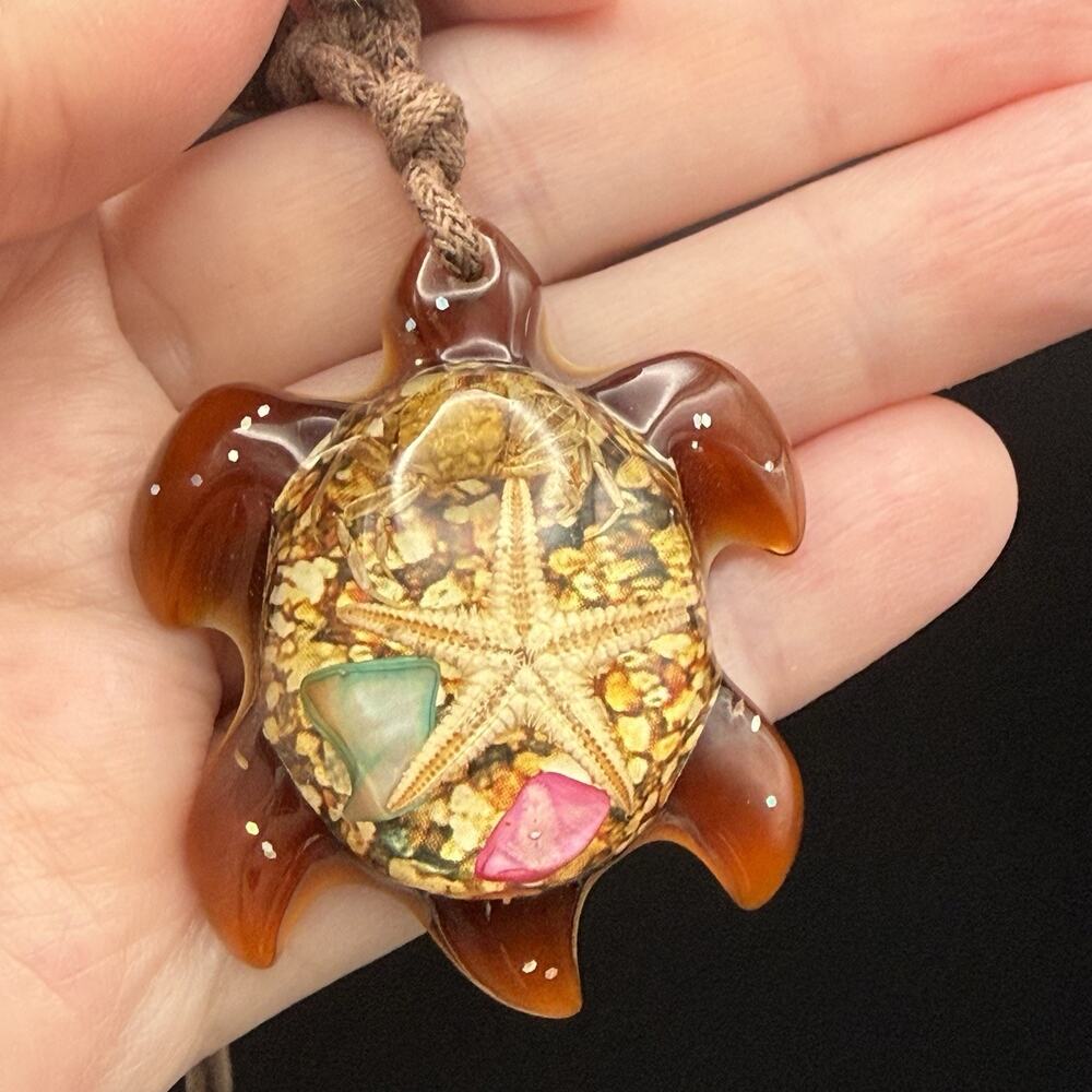 Brown Cord Beaded Necklace Resin Sea Turtle Charm Pendant Beach Theme